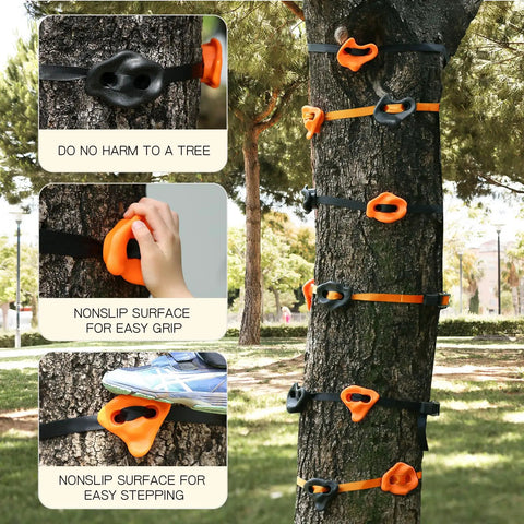 20 Ninja Tree Climbing Holds Kit With 6 Ratchet Straps For Outdoor Ninja Warrior Obstacle Course Training In Bright Orange And Black attached to tree trunk