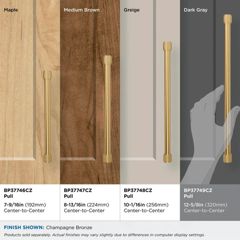 Faraday Champagne Bronze Cabinet Pull Twelve and Five Eighths Inch Center to Center shown on different wood finishes.
