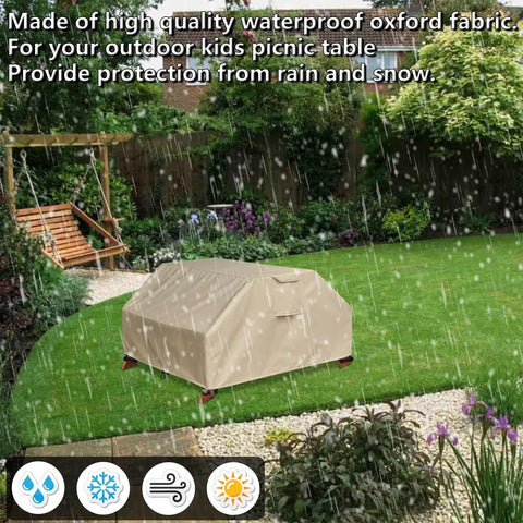 Kids Picnic Table Cover Weatherproof And Waterproof 40x40x21 Inches UV Resistant Shield covering a table in a rainy garden.
