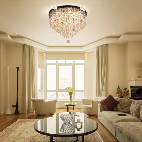 Jaw Dropping 19.7 Inch Crystal LED Flush Mount Ceiling Light With 5 Tier K9 Raindrop Crystals in living room.