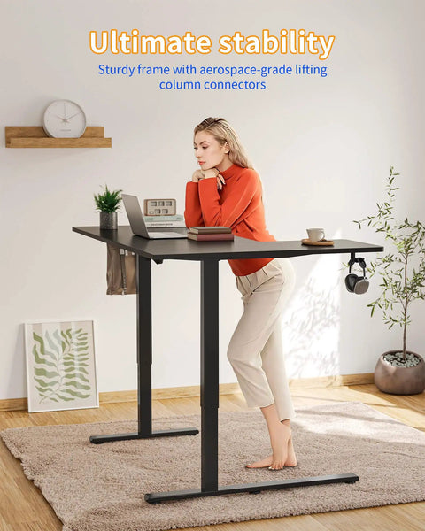 Yihayo 55 Inch L Shaped Electric Standing Desk with a sturdy frame, shown in an ergonomic home office setting.