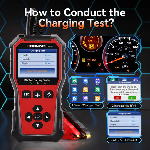 All-In-One 6V 12V 24V Battery Tester For Cars, Trucks, And Bikes With Built-In Reverse Polarity Protection, Test Range 10-2000 CCA Across Flooded, AGM, Gel, EFB, And Lithium, red handheld unit