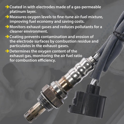 Direct Fit Oxygen Sensor 4 Wire O2 Sensor OEM Replacement For Improved Fuel Efficiency Lower Emissions And Better Engine Performance Easy Plug And Play Install For Most Vehicles shown with detailed features and black connector.