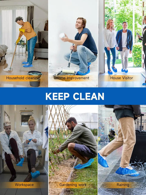Disposable Shoe Covers Non Slip Blue Plastic Booties For Indoor Use Pack Of 300 (150 Pairs) shown in various activities.