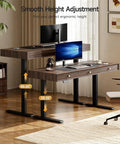 Classic Mid Century Modern Electric Standing Desk 63 Inch With Three Storage Drawers Height Adjustable showing height options and desk design.
