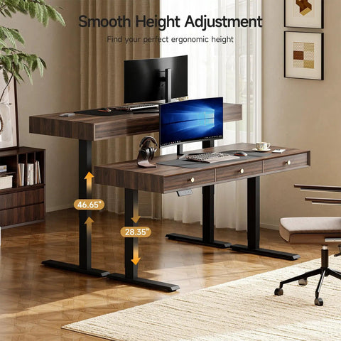 Classic Mid Century Modern Electric Standing Desk 63 Inch With Three Storage Drawers Height Adjustable showing height options and desk design.