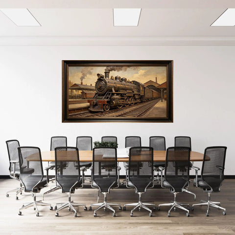 Dope 3D Large Wall Art of Retro Steam Locomotive Station Scene Vintage Industrial Railway Painting on Matte Fabric in office
