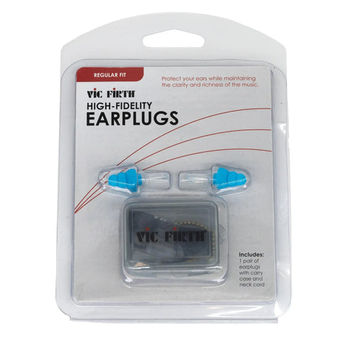 Product packaging of High Fidelity Earplugs For Musicians With 20dB Noise Reduction Regular Size Blue Includes Neck Cord And Carry Case