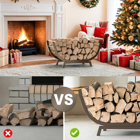 Heavy Duty Firewood Rack 25 Inch For Indoor And Outdoor Use Metal Firewood Holder with logs by fireplace and Christmas decor
