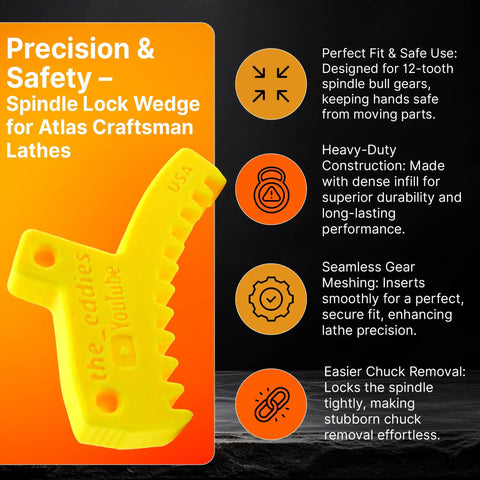Yellow precision Lathe Spindle Lock Wedge For Atlas Craftsman 10 And 12 Inch Lathes with text on orange background.