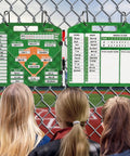 Baseball Lineup Board for Dugout with Movable Lineup Cards and Marker Clipboard Must Have Coach Gear for Baseball and Softball 40 Cards Included Green Durable Coaching Accessory for Dugout Huddle and Strategy displayed on a fence with players observing.