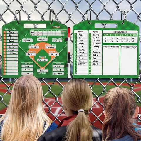 Baseball Lineup Board for Dugout with Movable Lineup Cards and Marker Clipboard Must Have Coach Gear for Baseball and Softball 40 Cards Included Green Durable Coaching Accessory for Dugout Huddle and Strategy displayed on a fence with players observing.