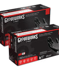 Gloveworks by AMMEX black nitrile gloves XL, 5 mil, 100-count boxes; two boxes shown.