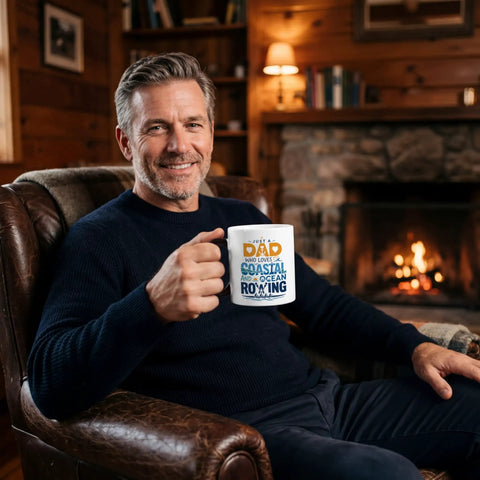 Man in cozy room holding a Just A Dad Who Loves Coastal And Ocean Rowing 11oz White Ceramic Coffee Mug Double Sided Print Gift