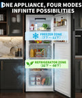 No Sweat 11 Cu Ft Frost Free Upright Freezer With Convertible Fridge Mode And Adjustable Shelves Smooth Sailing Mechanical Temp Control Freestanding Deep Storage For Garage Or Kitchen Clean Black Finish Quick Setup interior showing freezer and refrigerator zones.