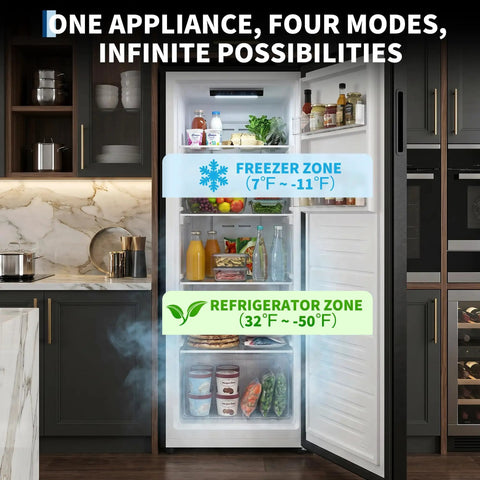 11 Cu Ft Upright Freezer And Stand Up Converter Fridge With Four In One Modes And Frost Free Tech showing freezer and refrigerator zones.