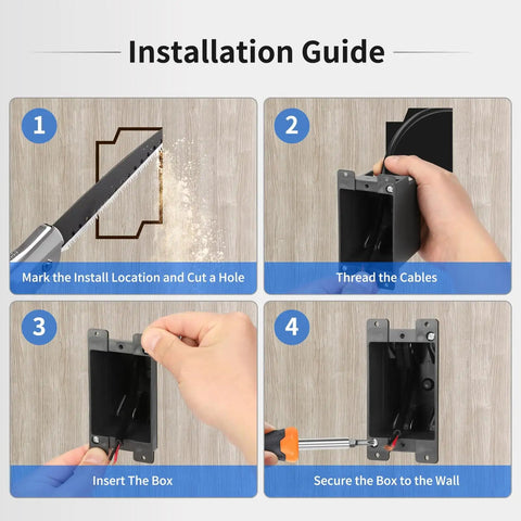 Installation guide for Old Work 1-Gang Black Electrical Box For Outlets And Dimmers, PVC Plastic 14 Cu In, showing step-by-step process.