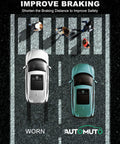 Overhead view showing two cars braking on a zebra crossing, highlighting worn tires versus new for improved safety