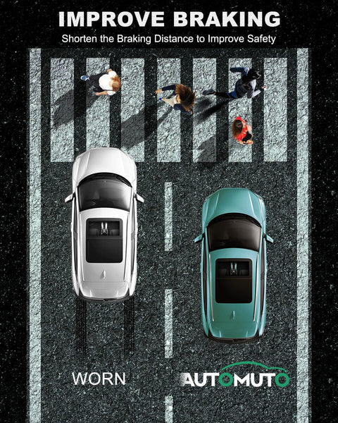 Overhead view showing two cars braking on a zebra crossing, highlighting worn tires versus new for improved safety