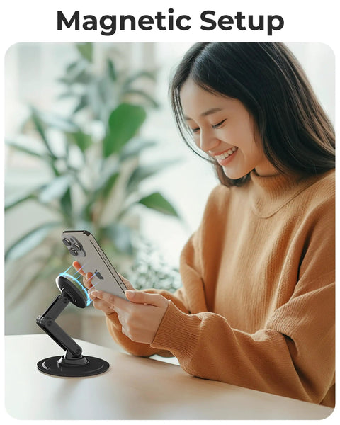 Woman using MagSafe Desk Stand For iPhone 17 Pro Max 16 15 14 13 12 With 360 Degree Rotating Head Height Adjustable Magnetic Phone Holder