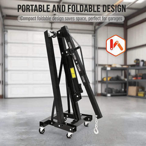 Heavy Duty 2 Ton Hydraulic Engine Hoist Cherry Picker With Manual Pump Lever And Compact Fold Steel Frame Mounted On Six Heavy Casters in garage