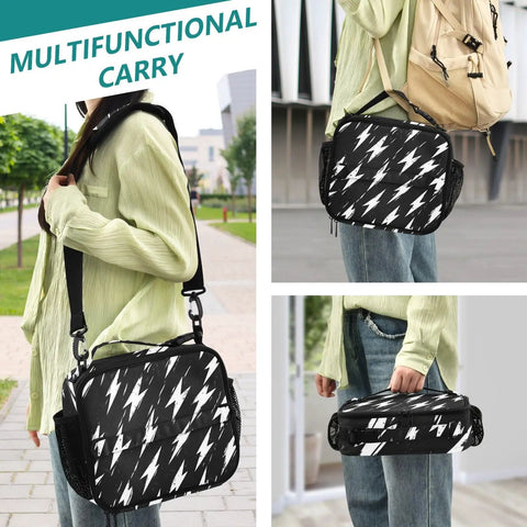Retro Lightning Bolt Pattern Insulated Lunch Bag For Work School Travel On The Go Carrier With Thermal Insulation And Easy Clean Interior Durable Polyester Keeps Meals Fresh All Day, black lightning bolt print, shoulder carry view