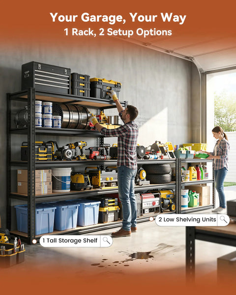 Heavy Duty 5-Tier Garage Shelving Unit In Black 72 Inch Tall 35.54 W By 16 D Metal Storage Rack With 2000 Lbs Total Capacity For Heavy Duty Garage Organization And Easy Bulk Storage. Tall rack in garage with tools and bins