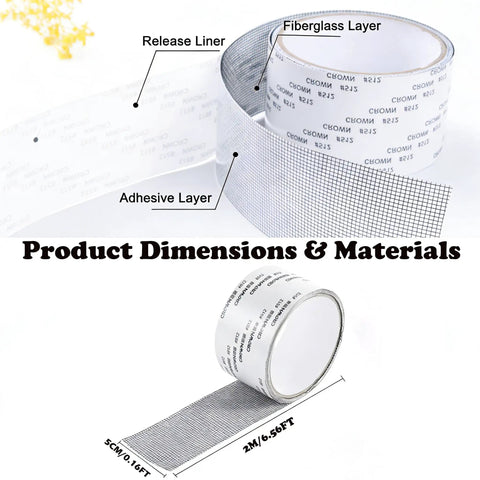 Self Adhesive Screen Repair Tape Two Roll Kit 5 Cm By 2 M Each Mesh Patch for window screens with label details.