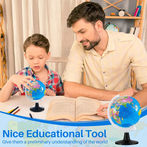 Child and adult using 12 Pack Mini World Globes For Kids Learning 3.4 Inch Rotating Globe With Stand Educational Desk Decor For Geography Class Perfect Classroom Display Blue