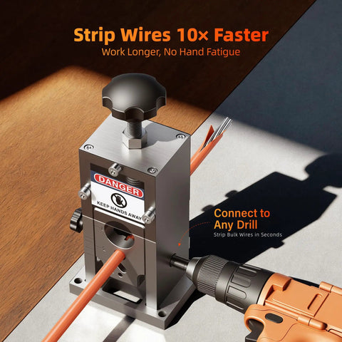 Manual Wire Stripping Machine 0.06 To 1 Inch Drill Powered Or Hand Crank Copper Wire Stripper mounted on table with drill