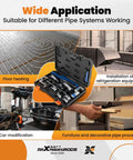 Ratcheting Pipe Bender Kit With 7 Interchangeable Dies for HVAC, auto, and hydraulic work, featuring application examples.