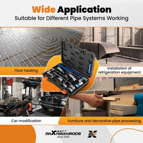 Ratcheting Pipe Bender Kit With 7 Interchangeable Dies for HVAC, auto, and hydraulic work, featuring application examples.