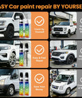 Infographic showing benefits of DIY car paint repair versus repair shop costs and time, featuring car images and repair kits.