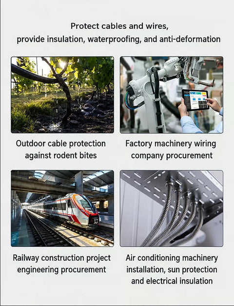 Four images showing uses of Heavy Duty 304 Stainless Steel Flexible Conduit With Tough Corrugated Sheathing for cable protection.