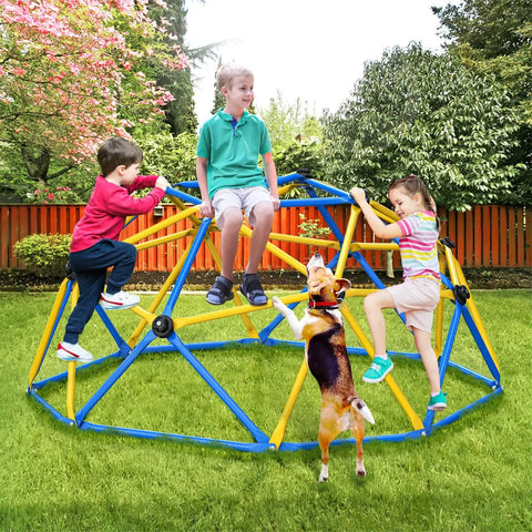Children playing on a 6 Ft Geometric Dome Climber For Kids Indoor Outdoor Play Set With Durable Climbing Grips Supports Up To 600 Lbs.