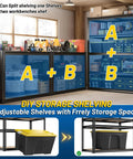 Beefy 5-Tier Garage Shelving Unit, 72-Inch Tall, Adjustable Steel Racks With 2,200 Lb Total Capacity, Anti-Sag Design For Garage, Workshop, And Warehouse, Heavy Duty Storage That Keeps Your Gear Sorted split into two workbenches