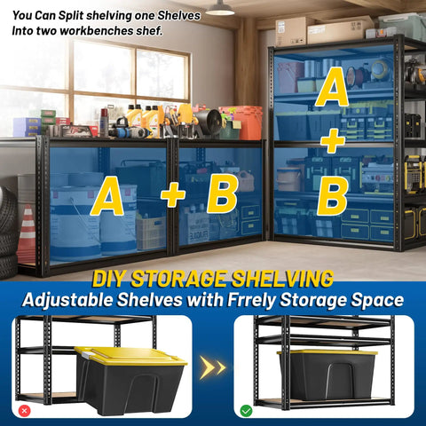 Beefy 5-Tier Garage Shelving Unit, 72-Inch Tall, Adjustable Steel Racks With 2,200 Lb Total Capacity, Anti-Sag Design For Garage, Workshop, And Warehouse, Heavy Duty Storage That Keeps Your Gear Sorted split into two workbenches