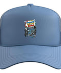 Fresh Light Blue Trucker Hat For Machinists And CNC Guys With Adjustable Mesh Back And Funny Gauge Square Vise Design. Front view.
