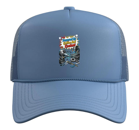 Fresh Light Blue Trucker Hat For Machinists And CNC Guys With Adjustable Mesh Back And Funny Gauge Square Vise Design. Front view.