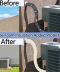 Before and after using Heavy Duty 3 Layer Pipe Insulation Cover For Outdoor AC Lines on HVAC pipe, showing visible protection and durability.