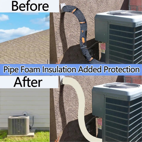 Before and after using Heavy Duty 3 Layer Pipe Insulation Cover For Outdoor AC Lines on HVAC pipe, showing visible protection and durability.