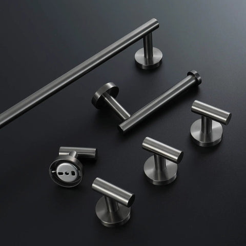 Six Piece Brushed Gun Metal Bathroom Hardware Set With 18 Inch Towel Bar Toilet Paper Holder Four Robe Hooks And SUS 304 Stainless Steel Wall Mounted Design For A Slick Durable Modern Upgrade displayed on dark surface