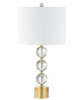 Clear And Brass Gold Crystal Table Lamp With Faceted Orb Design, Modern Glam Bedside Lamp With White Linen Drum Shade