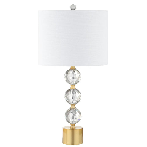 Clear And Brass Gold Crystal Table Lamp With Faceted Orb Design, Modern Glam Bedside Lamp With White Linen Drum Shade