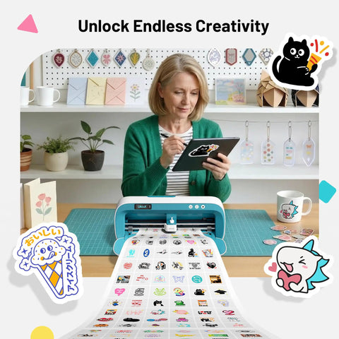 Woman using Portable Vinyl Cutter Kit With Carrying Case Bundle For DIY Sticker Making And Home Decor Ideal For Wall And Room Decor Arts And Crafts Includes 36 Vinyl Sheets 25 Transfer Sheets 4 Cutting Mats Weeding Tools Watercolor Pen And 0.4mm Black Pen in craft room