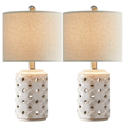 Farmhouse Ceramic Table Lamp Set Of 2 18.5 Inch Open Diamond Motif With Drum Linen Shade Cozy Warm Ambient Light For Living Room