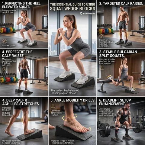 2 Pack Premium Heel Elevated Squat Wedges With Non Slip Grip For Hella Deep Squats Ankle Mobility And Calf Stretching, shown in exercise guide.