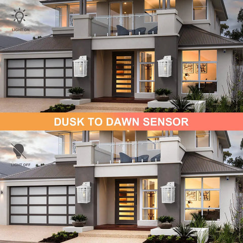 Auto On Outdoor Wall Lantern With Dusk To Dawn Sensor Seeded Glass Sconce installed on modern house outdoors