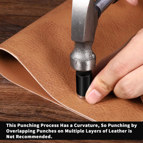 Using Five Piece Leather Hole Punch Set With Round Cutter Kit for DIY crafting on brown leather