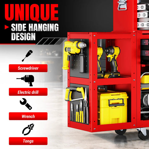 8 Drawer Rolling Tool Chest Built Like A Tank Heavy Duty Metal Tool Cabinet On Wheels With Locking Sliding Drawers Detachable Top Box And Side Hooks For Garage Workshop Repair Room Warehouse Red with side-hanging tools